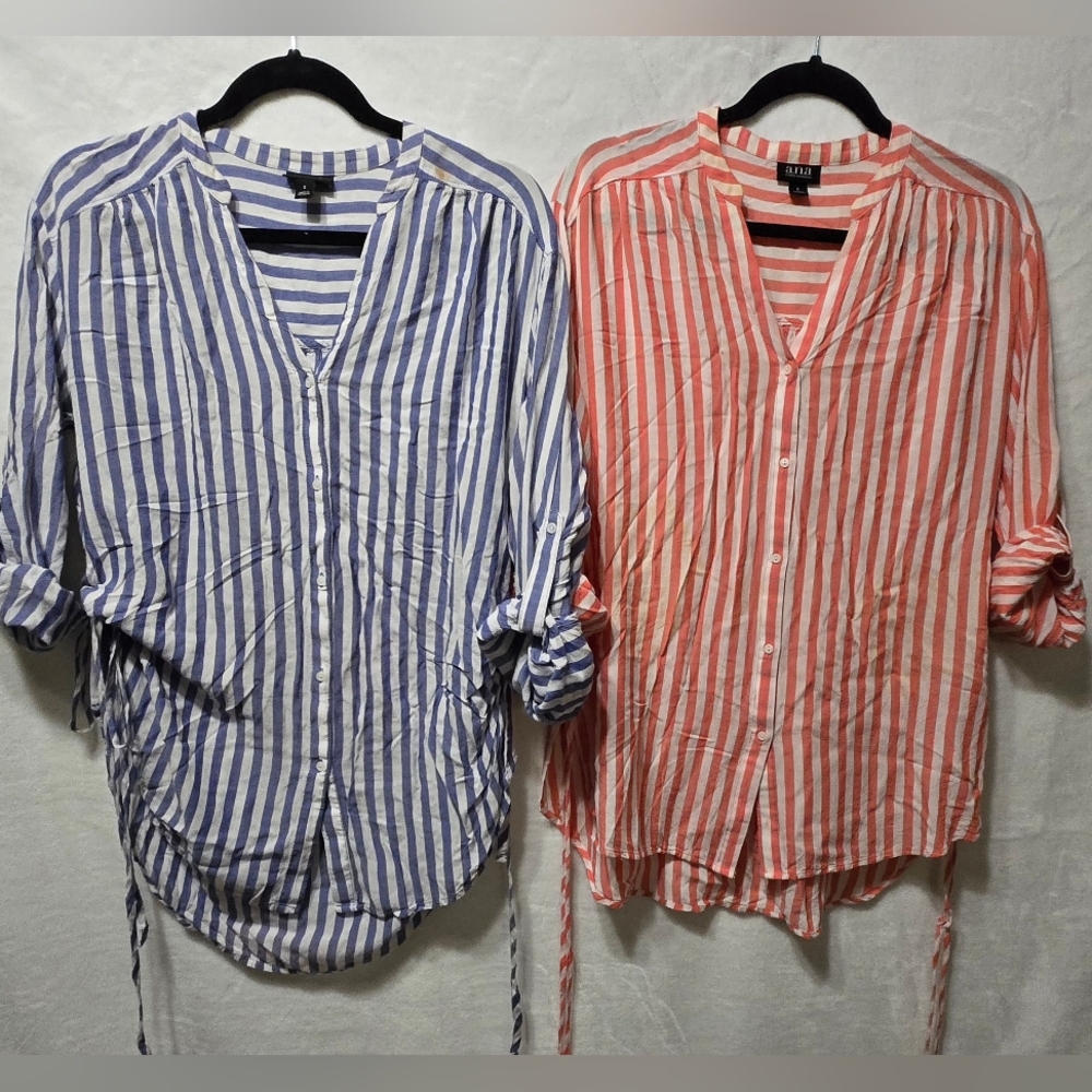 a.n.a Women's Long Sleeve Striped Tops - Blue and Red